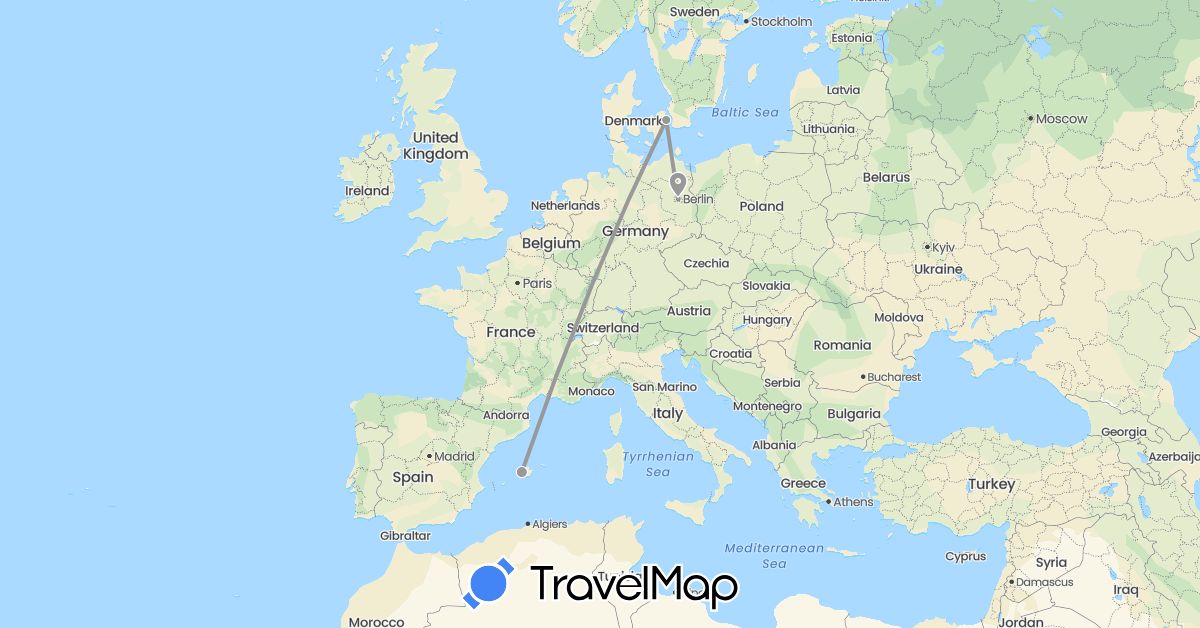 TravelMap itinerary: driving, plane in Germany, Denmark, Spain (Europe)